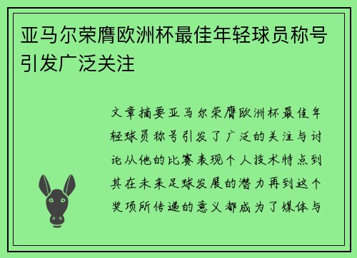 亚马尔荣膺欧洲杯最佳年轻球员称号引发广泛关注 亚马尔荣膺欧洲杯最佳年轻球员称号引发广泛关注